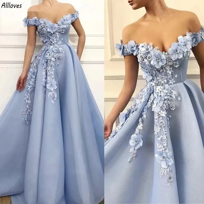 Light Sky Blue A Line Prom Dresses Beautiful 3D Flowers Lace Beaded Formal Gowns Women Plus Size Sexy Off The Shoulder Second Recetion Dress Evening Vestidos CL3269