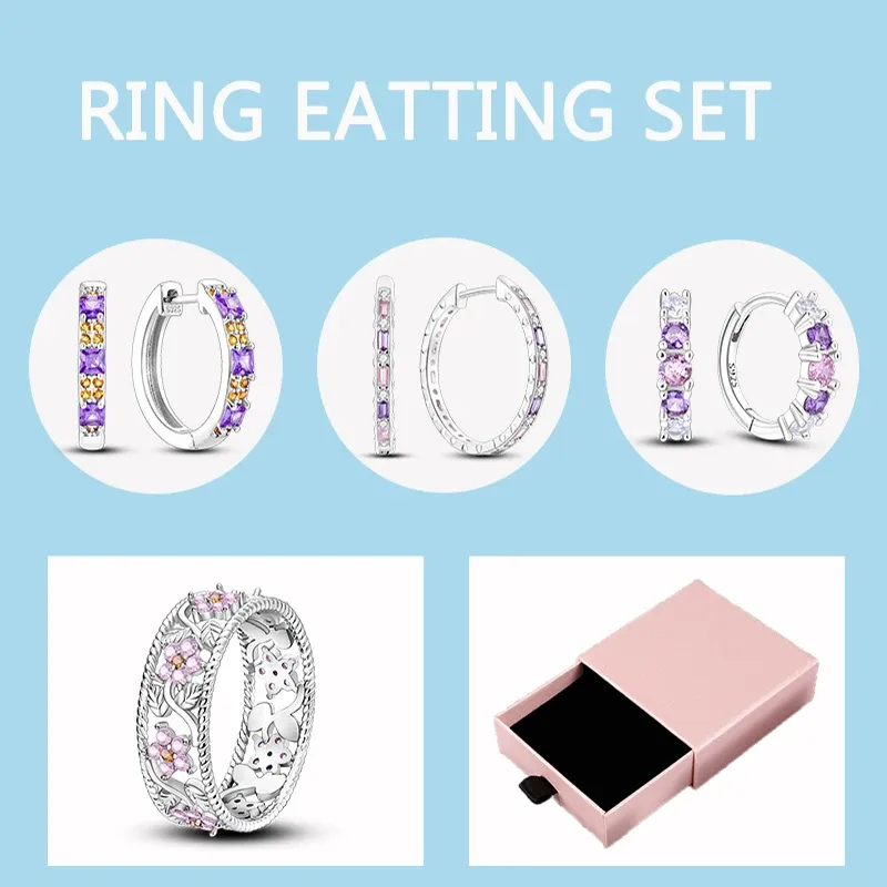 Sets 5 stks/partij Prinses Roze Paars Grote Hoepel Oorbellen 925 Zilver Roze Bloem Zirkoon Ring Voor Vrouwen Sieraden Ringen Set met Geschenkdoos