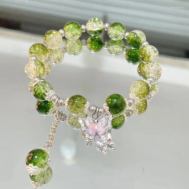 Strand Exquisite Gradient Green Burst Beads Beaded Bracelet For Women Sweet Butterfly Tassel Trendy Friendship Jewelry Gifts