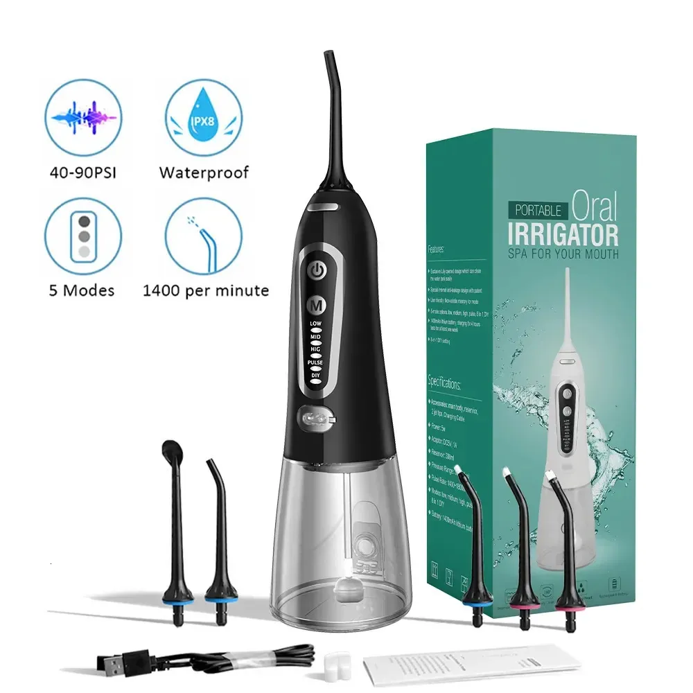 Irrigador oral 5 modos usb recarregável portátil jato de água dental 300ml tanque de água limpador de dentes 6 bocal de jato240129