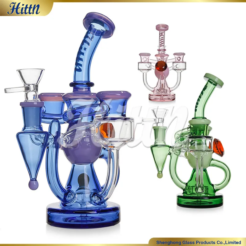 Hittn Recycler Bong Draagbare Recycler Booreiland Douchekop Percolator Glazen Bong 14mm Joint voor Roken 8 Inch Blauw Groen Roze