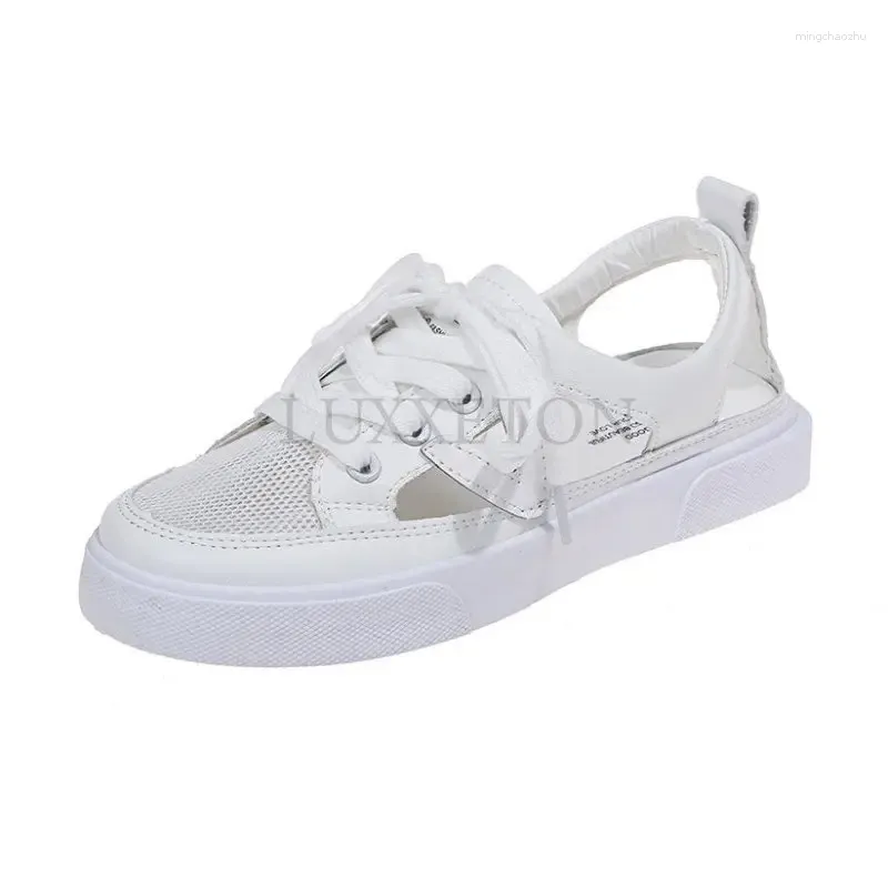 Sandales Véritable Cuir Souple Baotou Sports Femmes Vêtements d'extérieur 2024 Été Ensemble complet Chaussures plates Casual Blanc pour