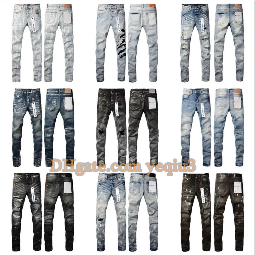 Lila jeans herrar designer jeans smal fit denim för män sköljning gör gamla hiphop street mode mans svarta byxor lila jeans streetwear stiliga rippade jeans