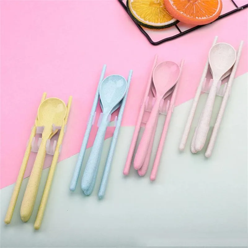 Dinnerware Sets Cutlery Set Portable Wheat Straw Student Children Chopsticks Fork Spoon Kitchen Supplies Eco-friendly Outdoor Three-piece