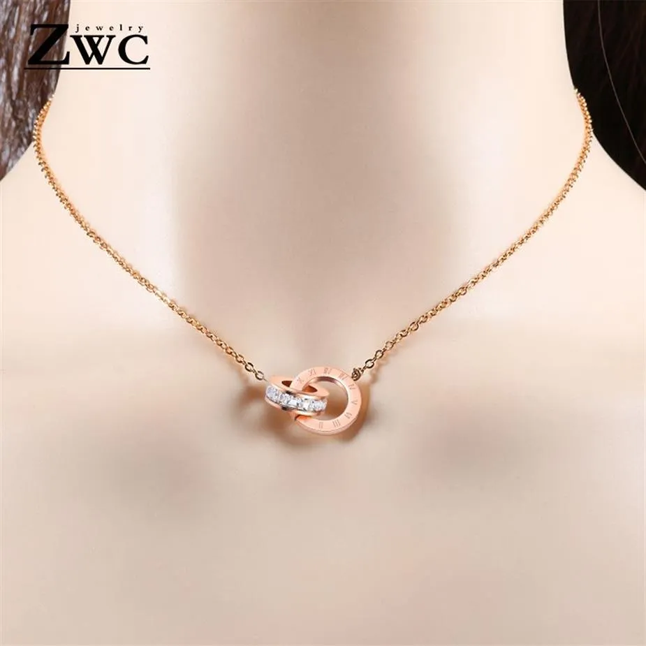 ZWC Mode Charme Romain Numérique Double Cercle Pendentif Collier pour Femmes Filles Fête Titane Acier Or Rose Colliers Bijoux259G