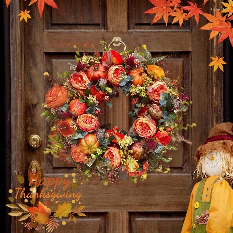 Decorative Flowers Thanksgiving Front Door Wreath Fall Peony Pumpkin Sunflower Festival Celebration Round Autumn Home Decors