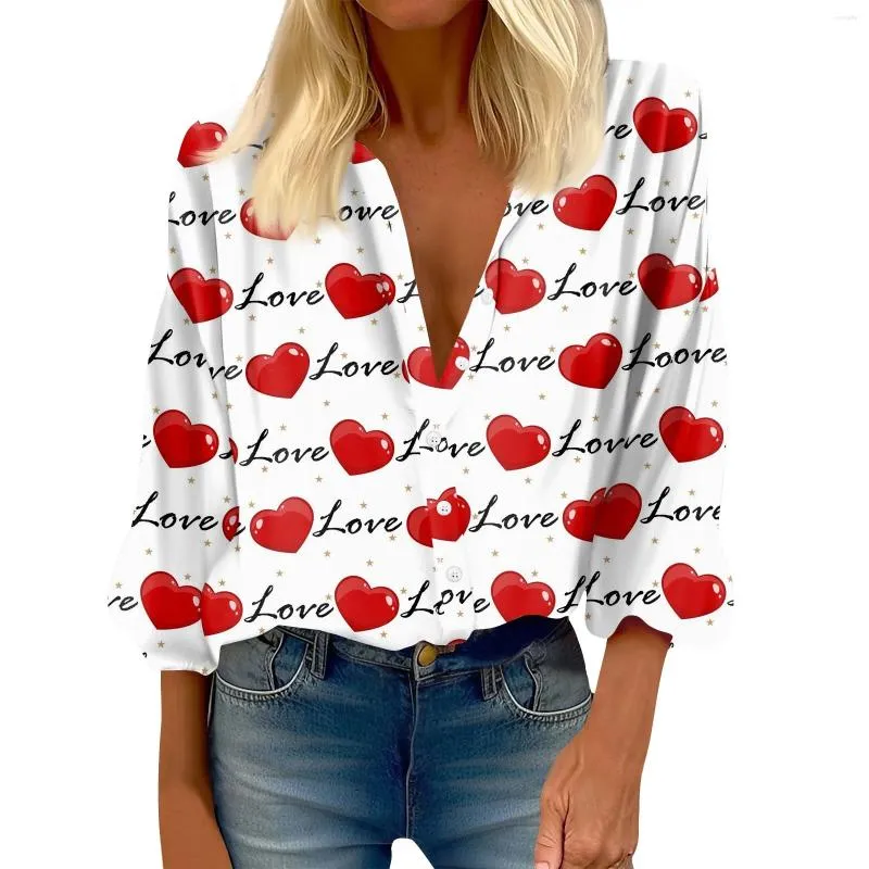 Women's T Shirts 2024 Skjorta Blus Valentine's Day Print Button Casual Fashion Crewneck 3/4 Sleeve Top Official Store Ropa de Mujer