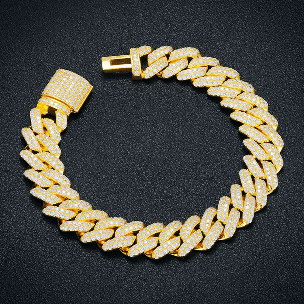Preço de fábrica 14mm banhado a ouro 925 prata esterlina Vvs Moissanite diamante gelado pulseira de ligação cubana para homens