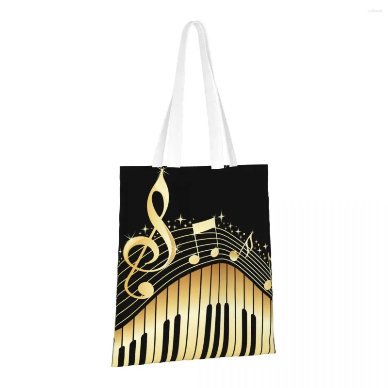 Sacos de compras Bling Music Note Piano Impresso Reutilizável Mercearia Dobrável Totes Lavável Leve Resistente Poliéster Presente