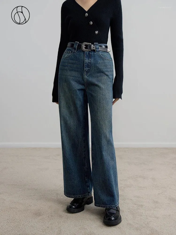 Женские джинсы DUSHU, джинсовая ткань в стиле ретро с высокой талией, синие женские зимние прямые длинные саржевые толстые женские белые брюки, зауженные джинсы