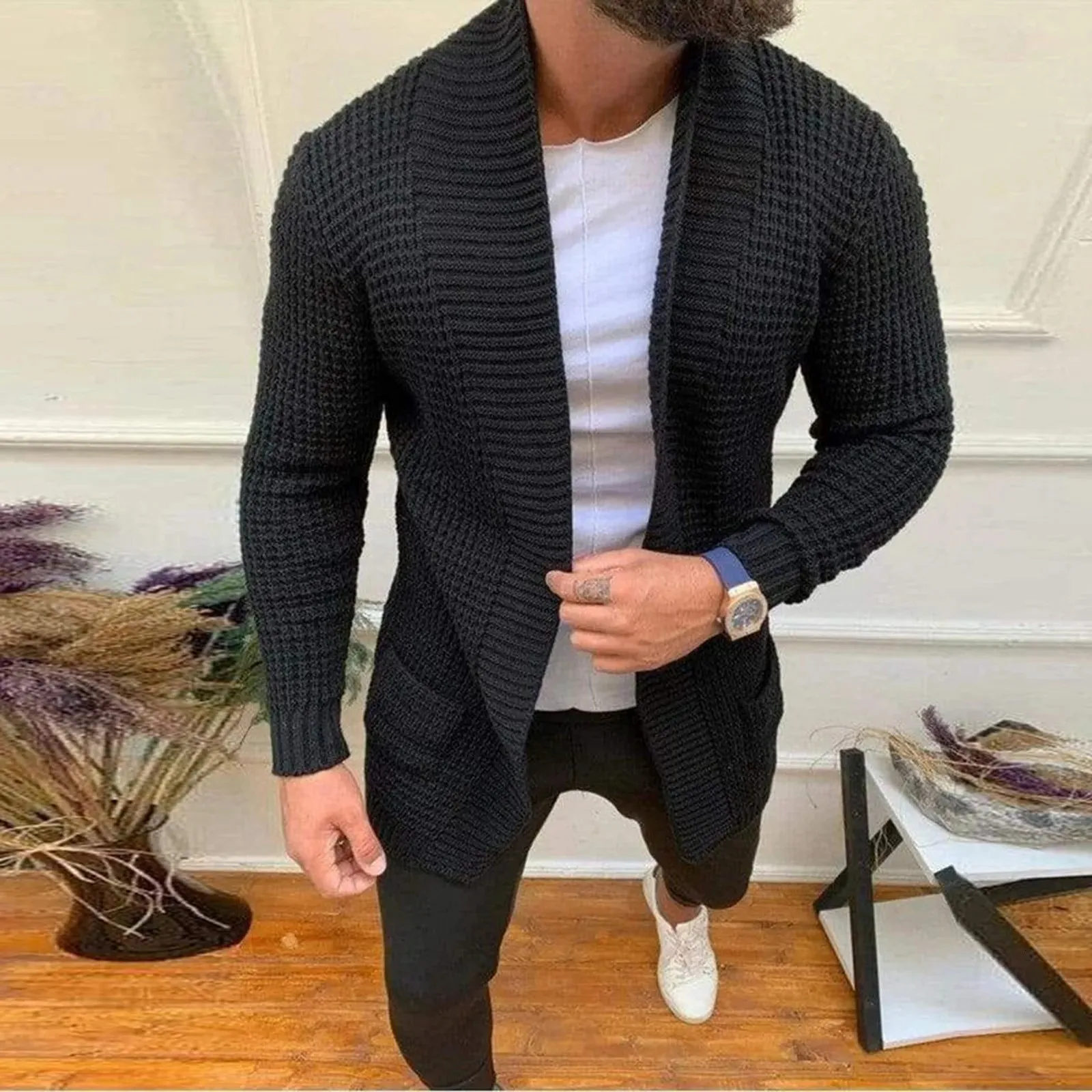 Homens listrado malha cardigan negócios casual manga longa tricô jaqueta primavera outono cor sólida moda masculina blusas longas 240123