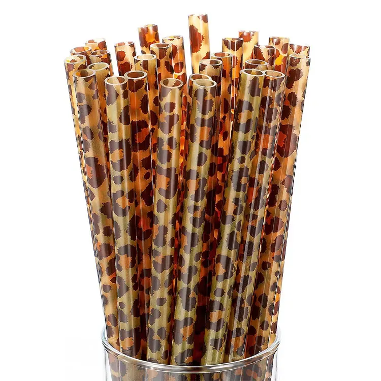 9 Inches Reusable Plastic Printed Straws Lemon Cactus Leopard Daisy Camouflage American Flag Zebra Pattern for Mason Jar Tumbler Family or Party Use