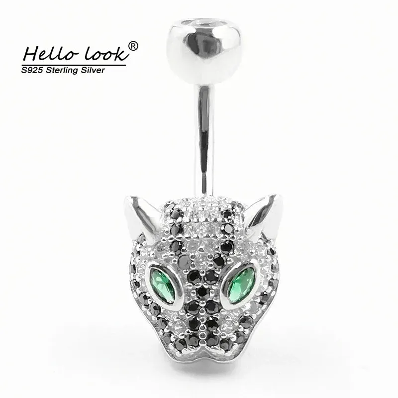 Yüzükler Hellolook 925 Sterling Gümüş Leopar Kafa Vücut Takı Göbek Düğmesi Yüzük Alerji Nikel Serbest Vücut Piercing