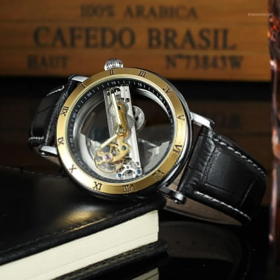 Forsining Fashion Transparent Skeleton Mechanical Men Watch Leather Starp Business Clock Mens Automatic Wristwatch13048
