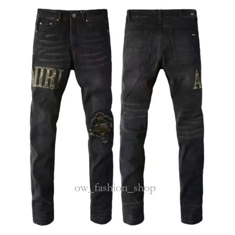 Amirs Designer Mens dżinsy fioletowe dżinsy High Street Hole Star Patch Męskie damskie damskie hafty haftowe panele spodnie rozciągające spodnie spodnie 554 310