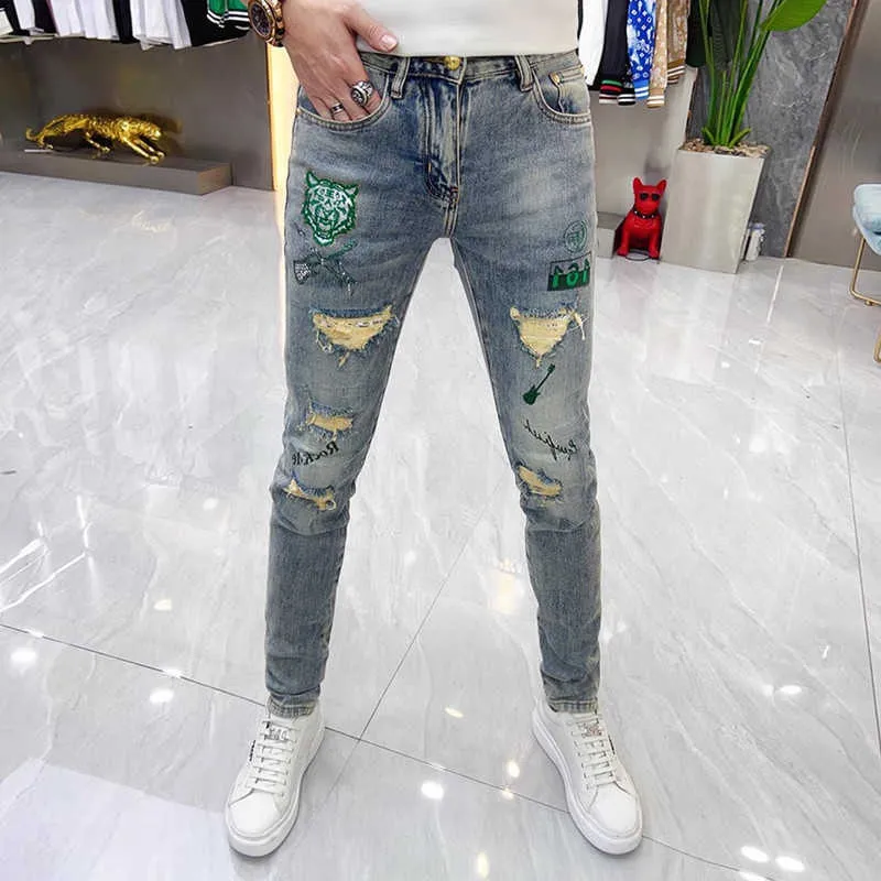 Men's Jeans Washed Elastic Trendy Brand Fashion Heavy Industry Tiger Embroidered Hole Slim Fit Small Feet Pants