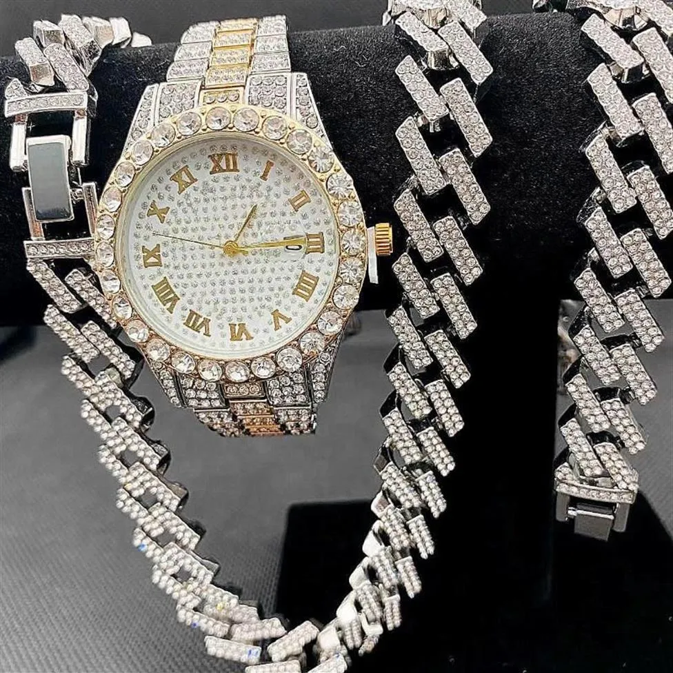 Kettingen 3PCS Hip Hop Sieraden Voor Mannen Vrouwen Iced Out Horloge Kettingen Armband Bling Miama Cubaanse Choker Diamond Gold initial Charms338F