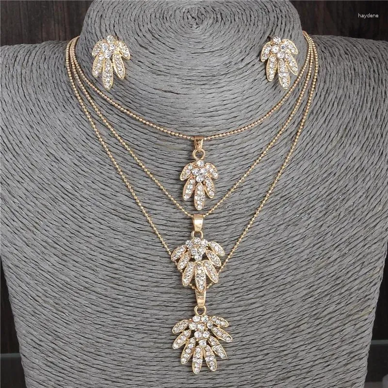 Necklace Earrings Set MINHIN Design Leaves Pendant Luxury Wedding Rhinestone Multi Layers Earring Sets For Women