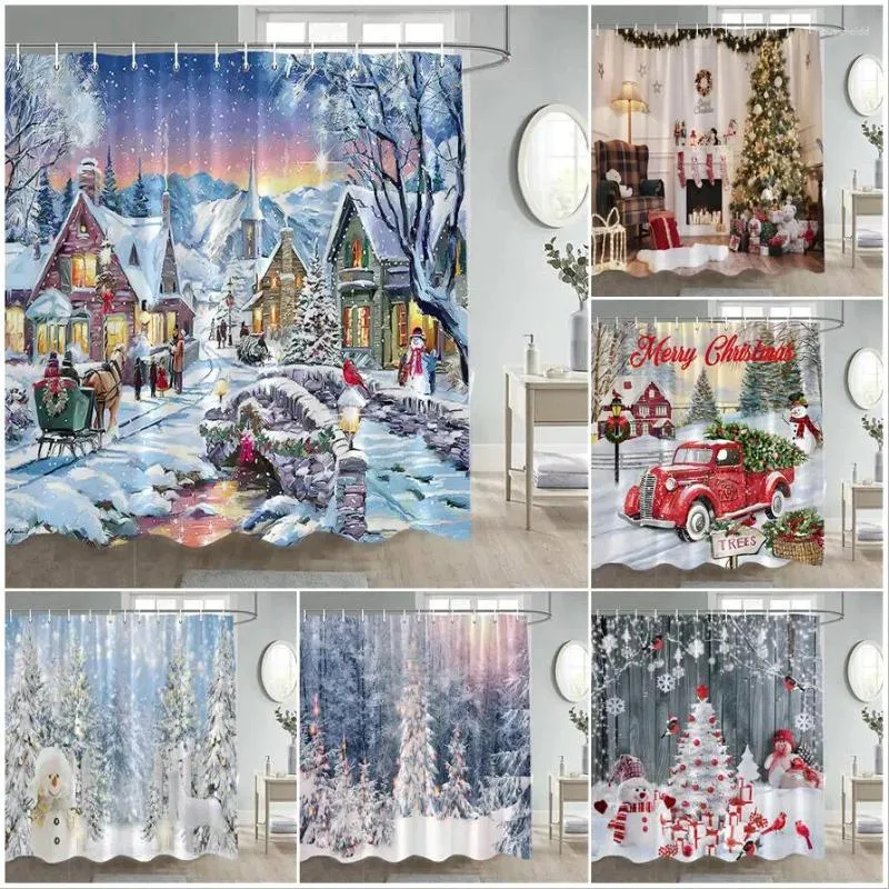 Dusch gardiner vinter jul gardin rolig snögubbe Xmas träd öppen spis lastbil skog snöig scen år semester hem badrum dekor