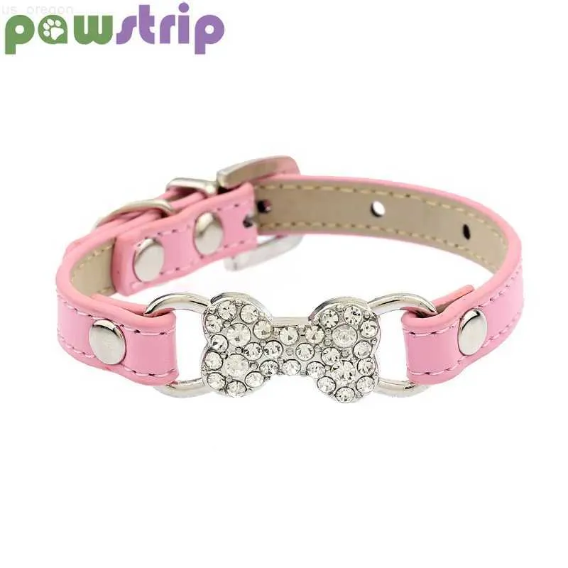 Hundhalsar Leases Pawstrip 5 Färger Bling Rhinestone Liten Dog Collar Pu Leather Cat Collar Chihuahua Yorkie Teddy Pet Leads Solid Pet Collar S/M