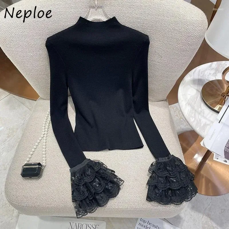 Kvinnors tröjor Neploe Fashion Simple Half High Collar Pullovers Autumn Winter Sticked Topps Women Y2K Lace Flare Sleeve Sweater Mujer Mujer