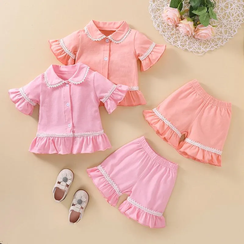 Ensembles de vêtements 1-7 ans mode enfant en bas âge bébé filles vêtements pyjamas col de poupée dentelle chemise à manches courtes hauts Shorts 2 pièces vêtements de nuit