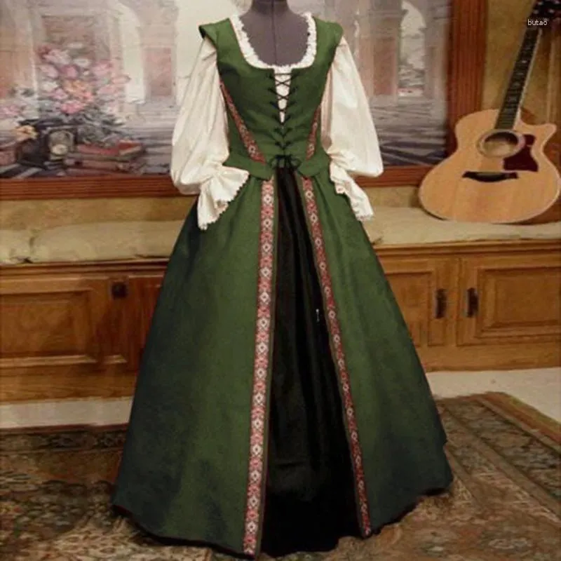 Vestidos casuais mulheres flare manga gola quadrada vestido medieval renascentista elegante bandagem costura até o chão