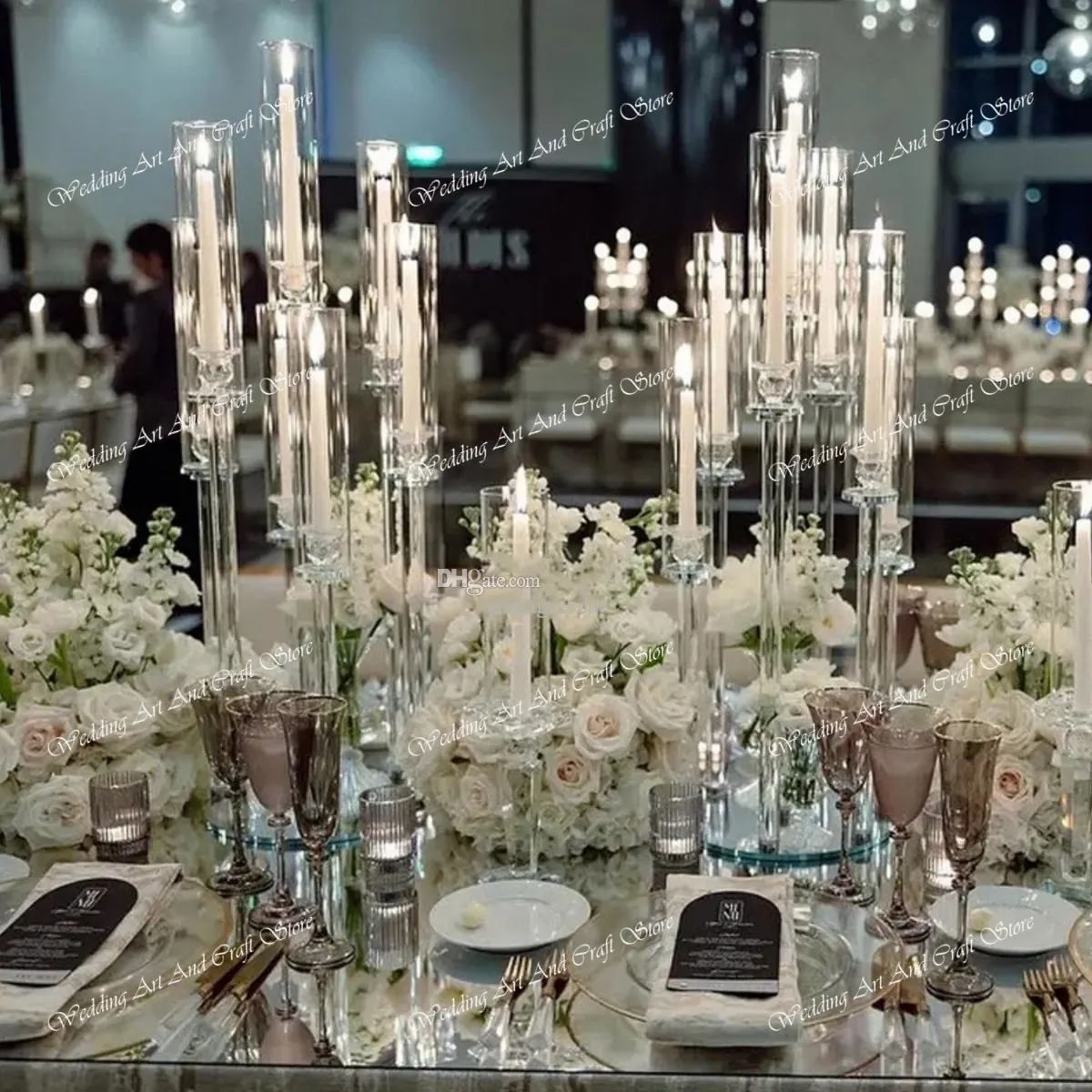 Nessuna candela) è possibile utilizzare solo candele a led) Nessuna candela) Decorazione sullo sfondo del palco di nozze in stile elegante, piedistallo in acrilico trasparente, candeliere, passerella, pilastro, sfondo di nozze 397