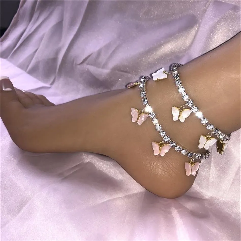 Acrylic Butterfly Women Anklets Iced Out Tennis Chain Leg Bracelet Rhinestone Silver Gold Animal Pendant Charms Fashion Beach Feet272u