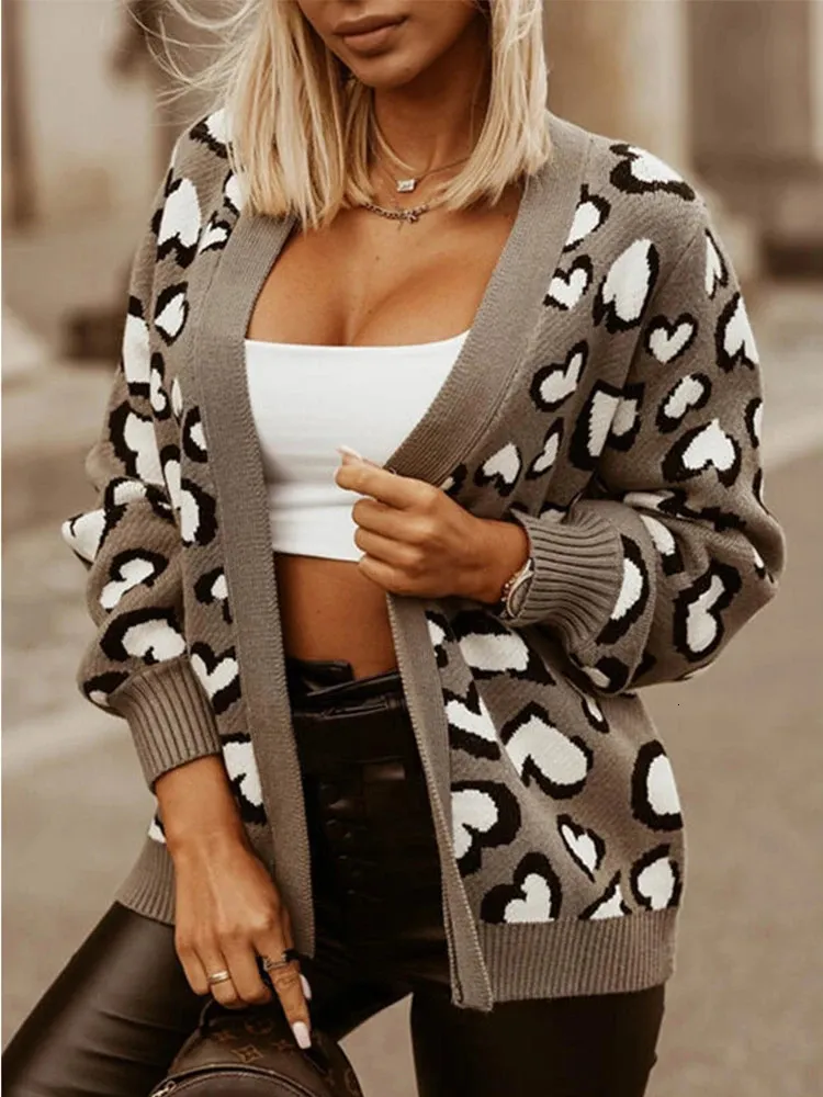 2023 Women's Loose Long Cardigan Sleeve V Neck Street Hipster Style Tryckt mönster Knittad tröja 240126