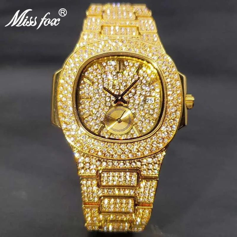 Outros relógios Missfox Luxo Diamante Quartz Relógios de Pulso para Homem Completo Cuban Zircon Hip Hop Street Stylish Men Watch com Calendário Presente para Homem J240131