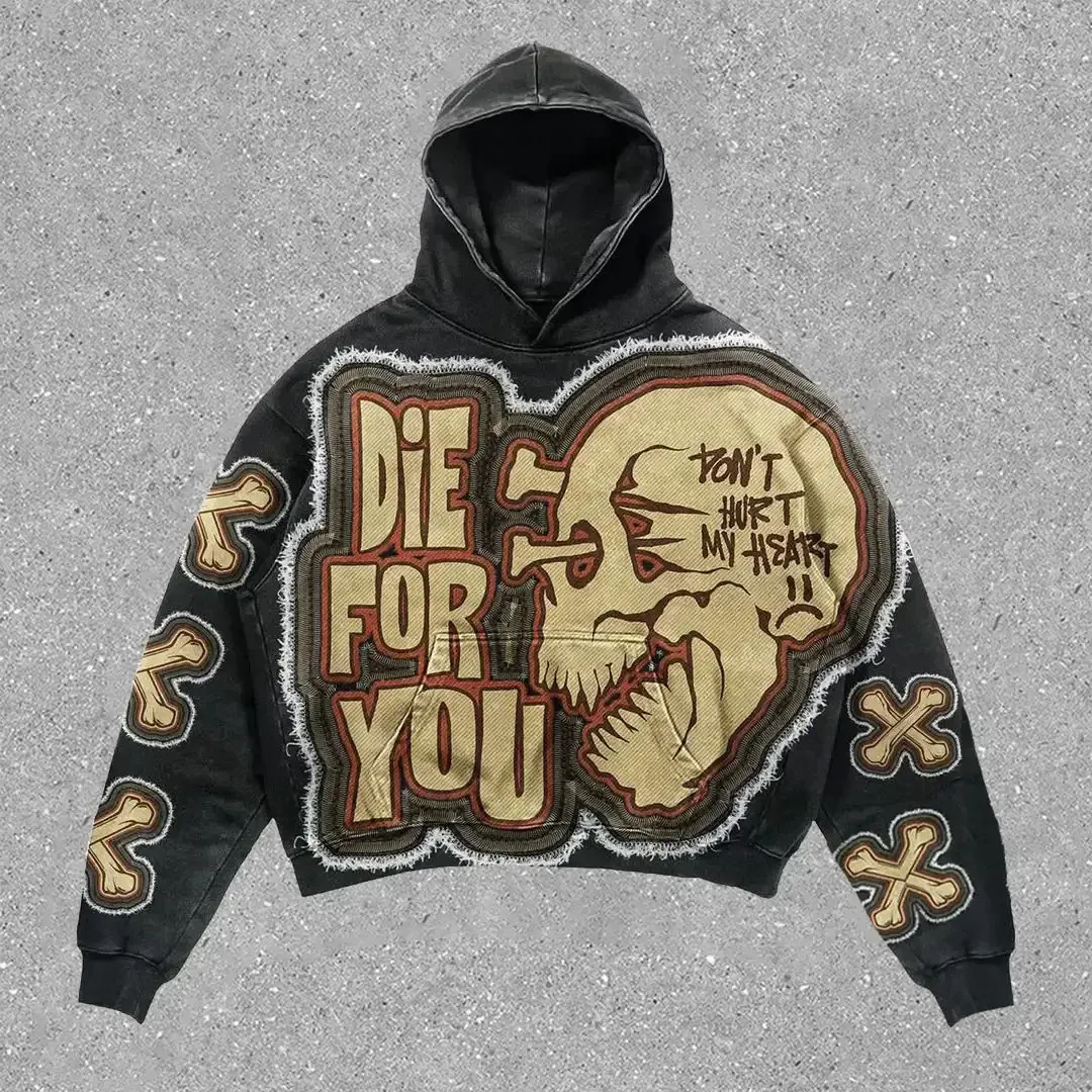 Felpe oversize con stampa di lettere con teschio hip-hop da uomo, autunno e inverno, tendenza high street, y2k, larghe, casual, versatili_voghion.com