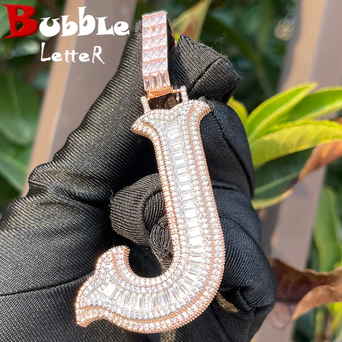 Halsketten Blasenbrief anfängliche Halskette aus Pendellöte Baguette -Prong Setting Micro Pave Zwei -Ton -Hüft -Hop -Schmuck für Frauen