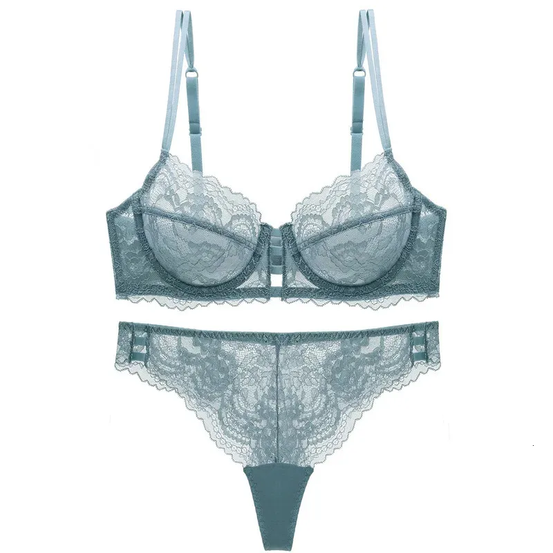 Ensemble soutien-gorge et string en dentelle transparente ultra-mince, sous-vêtements avec Push Up, Lingerie française sans doublure, bonnet B C D, 240127