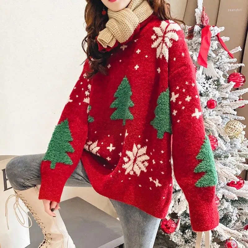 Kvinnors tröjor Jodimitty Autumn Winter Christmas Sticked skarvade Vintage Korean Loose Round Neck Fashion Long Sleeve Pullover Jumpers