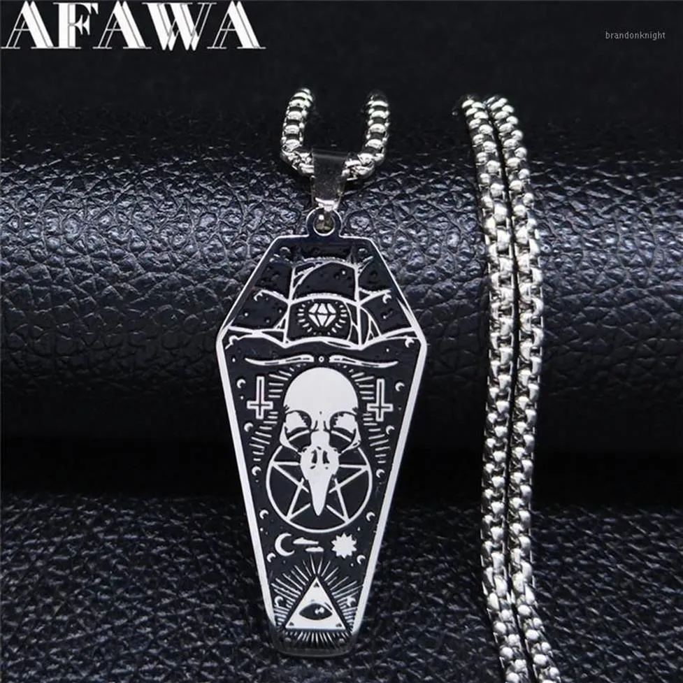 Afawa Witchcraft Vulture Coffin Pentagram Inverterad Cross rostfritt stålhalsband hängsmycken Kvinnor Silverfärgsmycken N3315S021244R