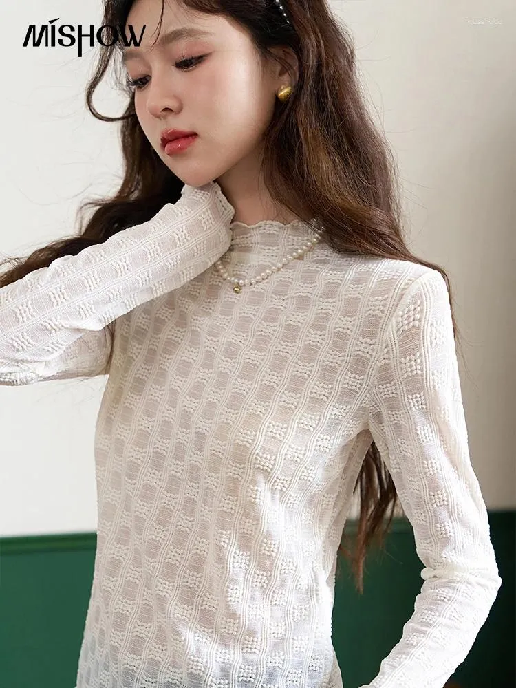 Swetery kobiet Mishow Solid Lace Cllar Shirt 2024 Autumn Long Rleeve Teksturowana szyja Slim Female Bottoming Office MXC44Z0127