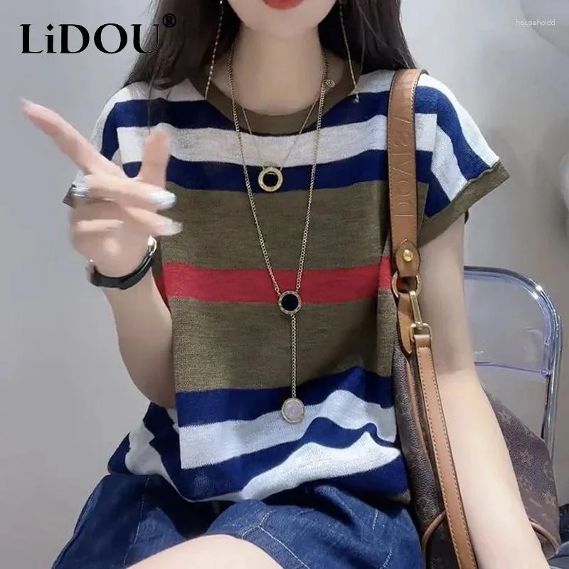 Women's T Shirts 2024 Summer Fashion Contrast Color Rands T-shirts Women Round Neck Short Sleeve Ice Silk Fabric Knitting Löst tröjor