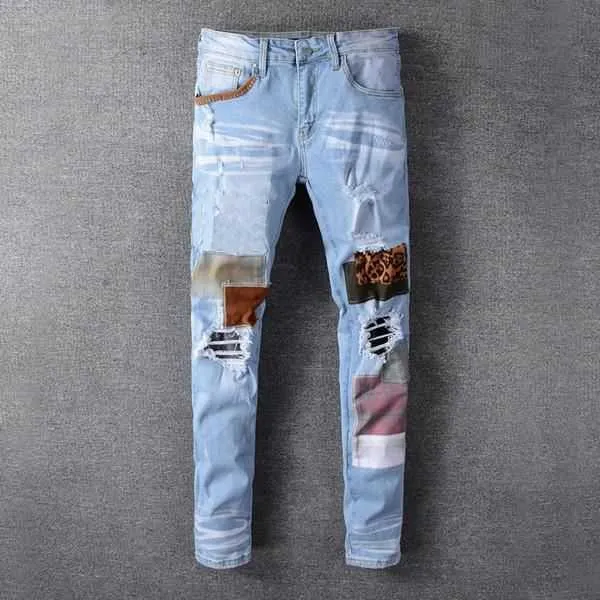 Jeans da uomo Pantaloni casual Amirs Streetwear Nero Fit Uomo Autunno Masculina Trendy Dance Club Skinny s Toursers Pantaloni firmati da uomo Strappati Hip Hop High Street Viola C3