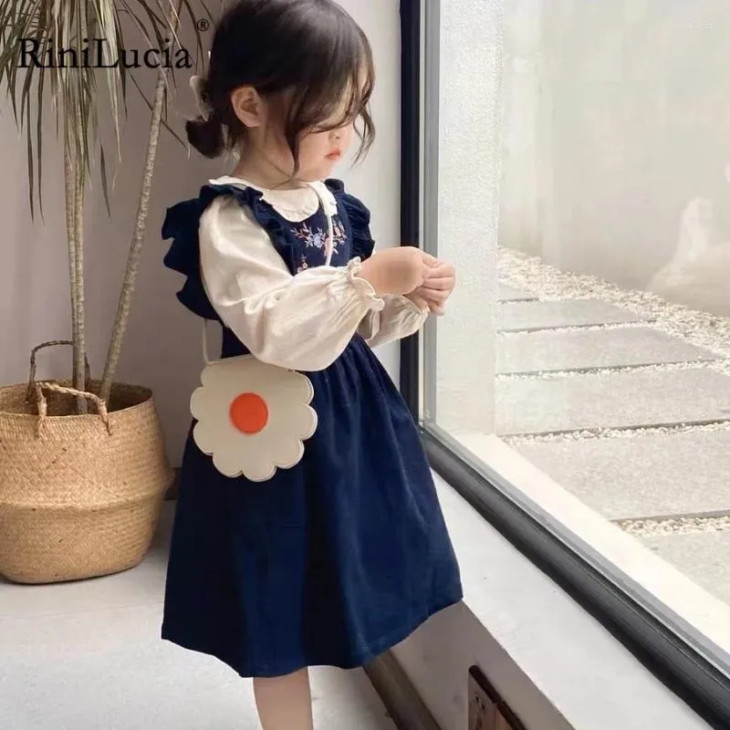 Kläderuppsättningar Rinilucia Children's Suit Kids Suits Outfit 2024 Autumn Girls Clothing Long Sleeve Blue Dress 2st