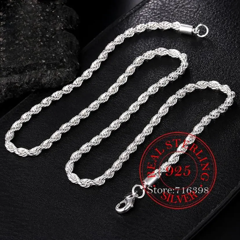 Collier en argent Sterling 925 pour femmes et hommes, chaîne en corde ed de 4mm, 16, 18, 20, 22, 24 pouces, à la mode, breloque de mariage, bijoux 205i