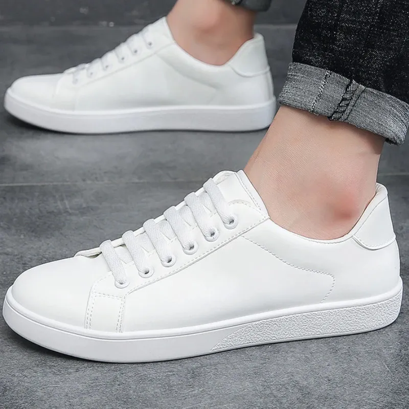 Men White Sneakers Spring Fashion Korean Style Round Head Lace Up Casual Outdoor Walking Flat Shoes Zapatillas De Deporte 240125