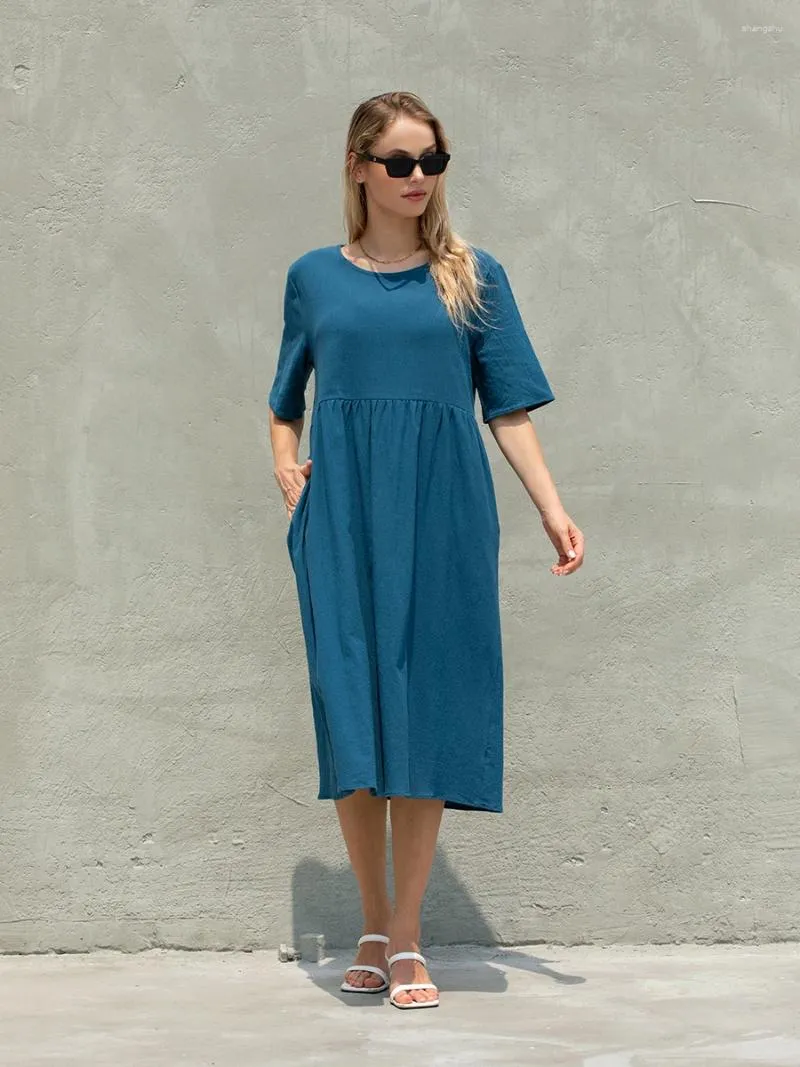 Lässige Kleider für Damen, Sommer, kurzärmelig, Rundhalsausschnitt, Swing-Kleid, fließendes, gestuftes Maxi-Strandkleid mit Taschen (A-Hellgrün S)