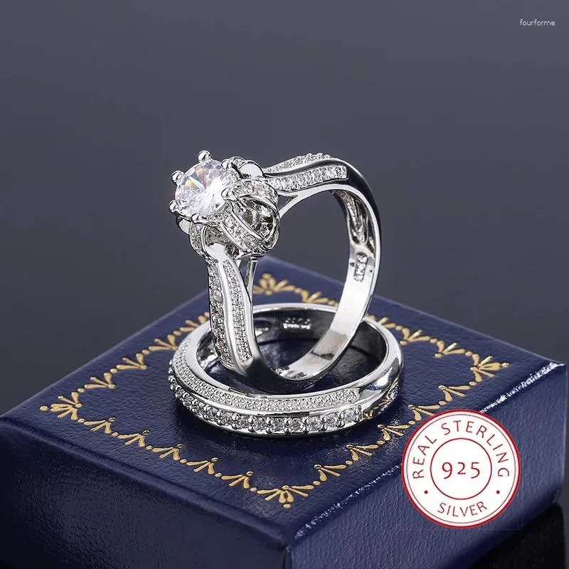 Anéis de cluster de alta qualidade cristal zircão anel de casamento conjunto moda grande pedra dedo promessa nupcial noivado s925 prata para mulheres