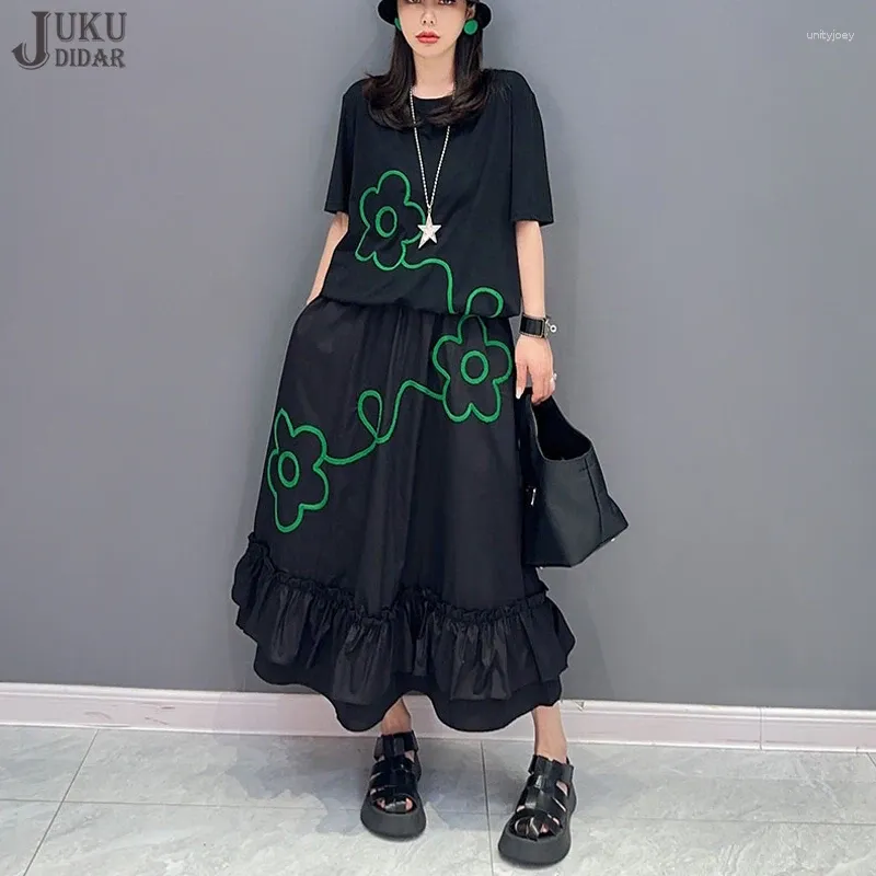 Work Dresses Flowers Embroidery Korean Style Woman Two Piece Set Black Oversized Tee Shirt And Calf Length Skirt Loose Fit Outfit JJSE029