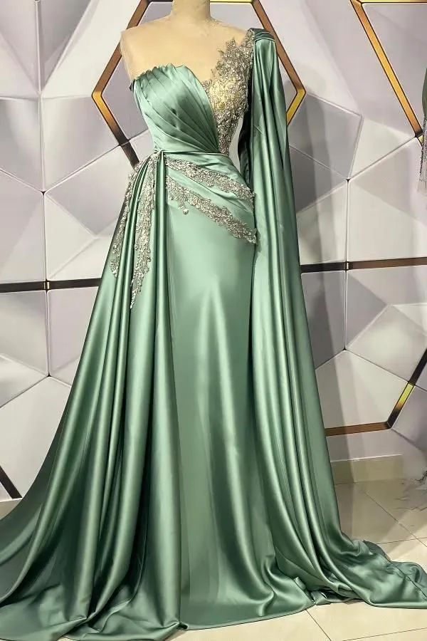 2024 Зеленые вечерние платья Носите одно плечо Иллюзия Кружевные аппликации Хрустальные бусины Атласное арабское платье для выпускного вечера в Дубае Vestido De Novia для женщин