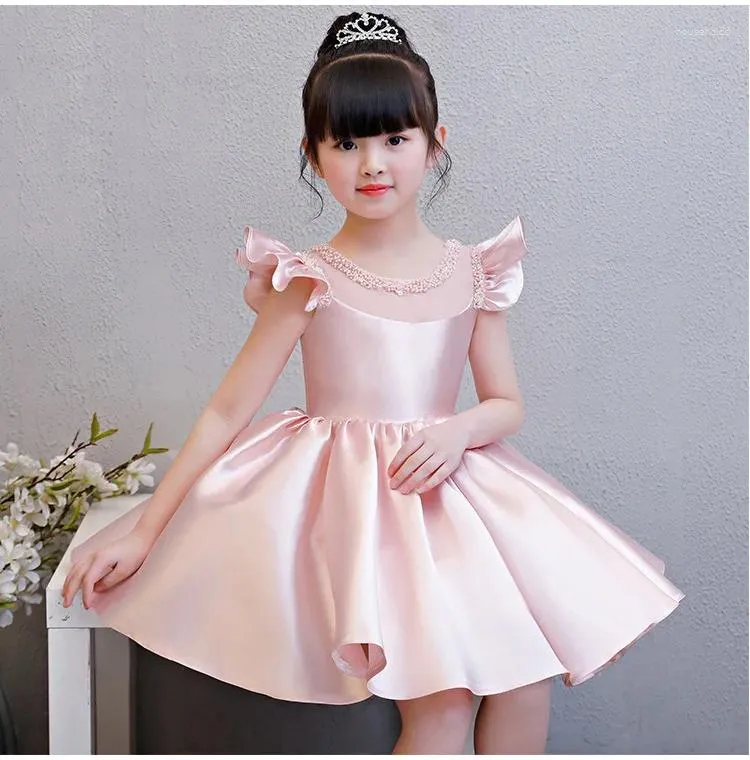 Girl Dresses Kids Wedding Party For Flower Girls Children Sequins Ball Gowns Pink Baby Infant 1 Year Birthday Pageant Dress