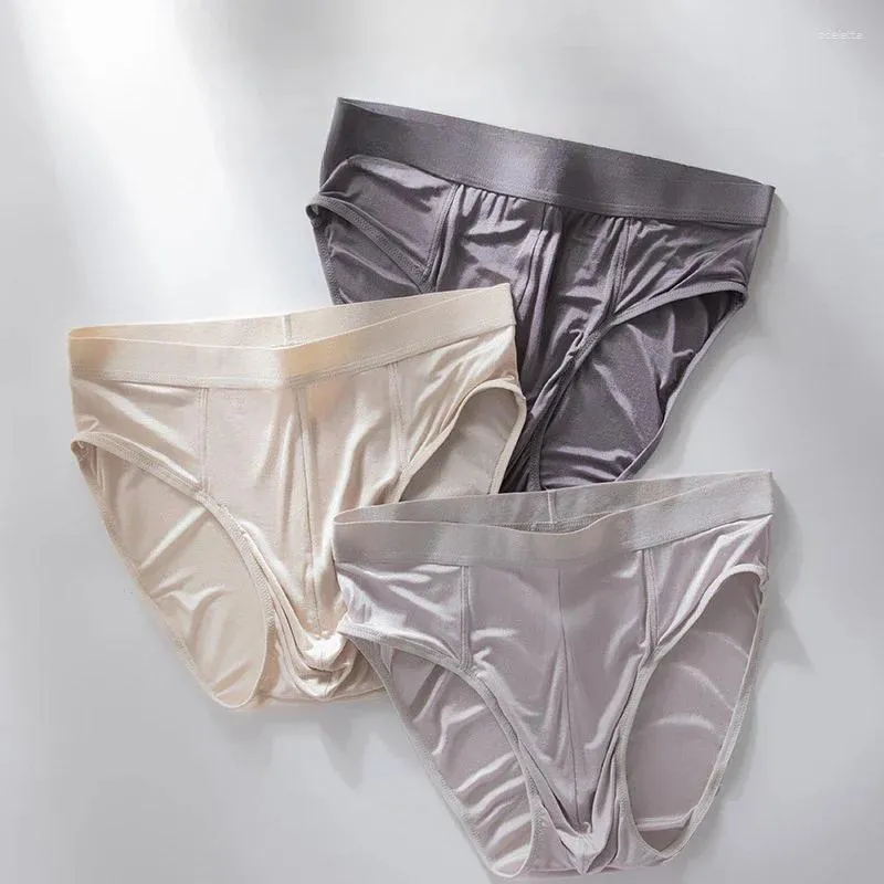 Cuecas de seda amoreira homens suaves briefs bulge bolsa macio confortável knicker lingerie de seda masculino calcinha respirável