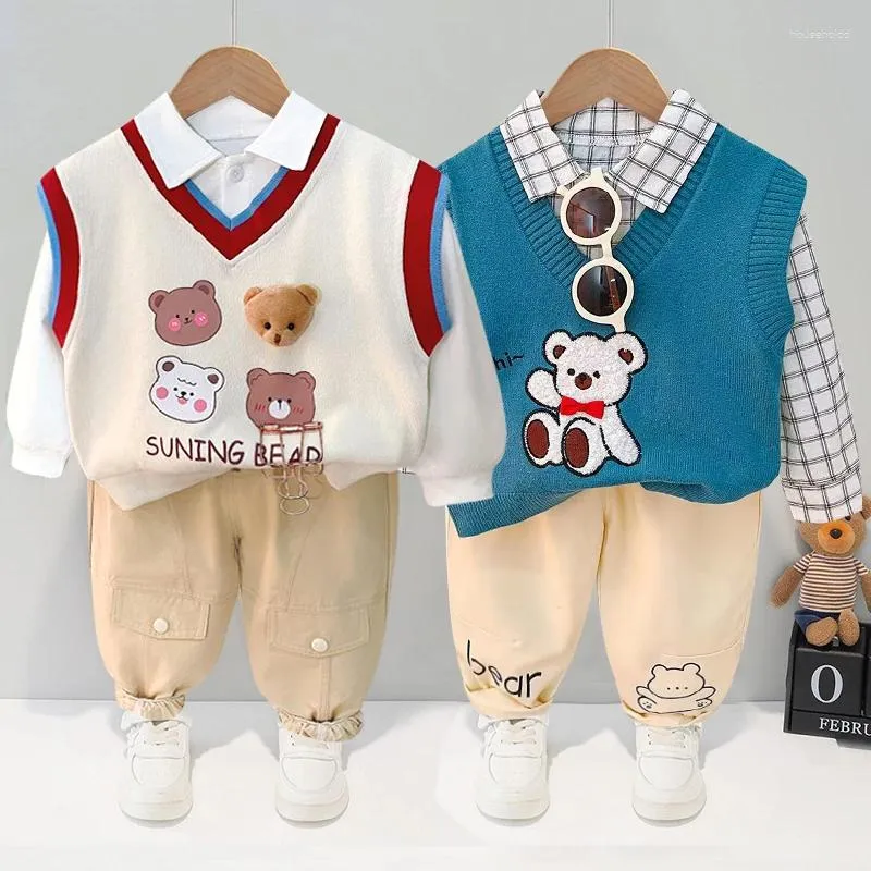 Conjuntos de roupas meninos colete manga longa camiseta três peças vestido infantil primavera e outono bebê 1-4t desenhos animados camisola de malha calças conjunto