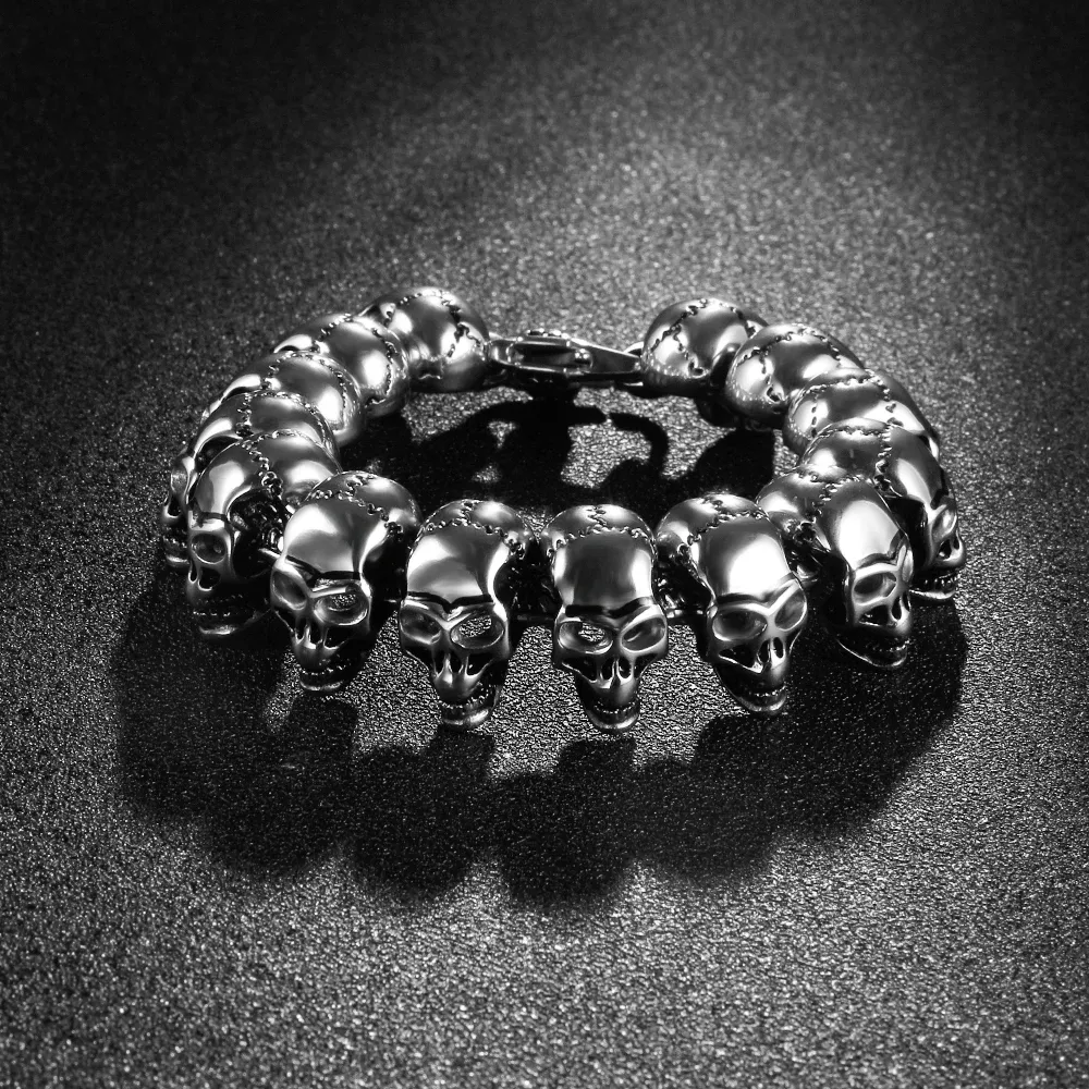 Bracelets 24mm acier inoxydable crâne hommes Bracelet Halloween Punk Cycle crâne Hip Hop Bracelets pour mâle squelette fantôme bracelets bijoux